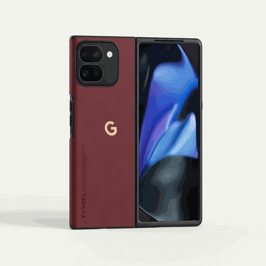 Google Pixel - Leather-Look fold phone case in burgundy textured finish, with half-wrapped rear and raised camera guard