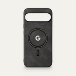 Google Pixel - Leather-Look Wallet phone case in black textured leather-look material, with a large camera cutout and magnetic ring