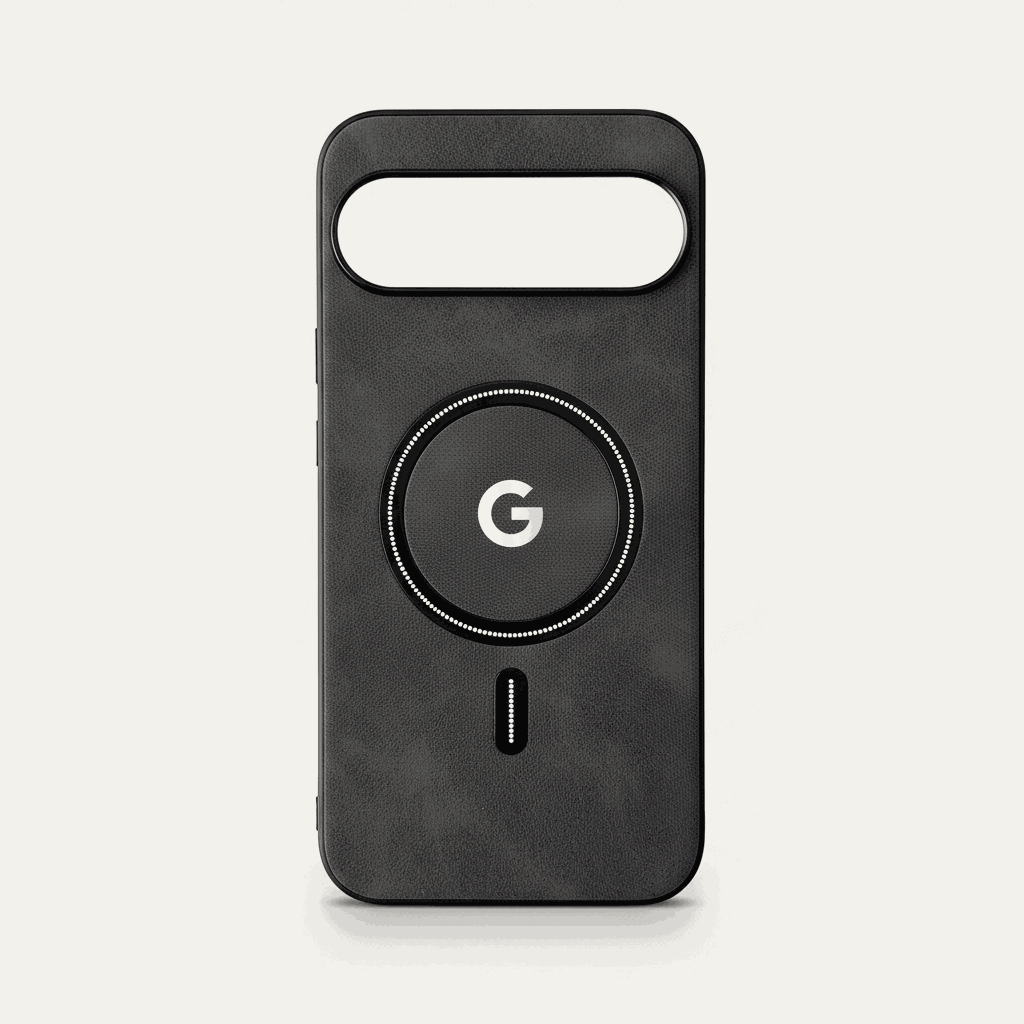 Google Pixel - Leather-Look Wallet phone case in black textured leather-look material, with a large camera cutout and magnetic ring