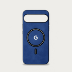 Google Pixel - Leather-Look Wallet case in textured blue with a black-edged camera cutout and circular magnetic ring