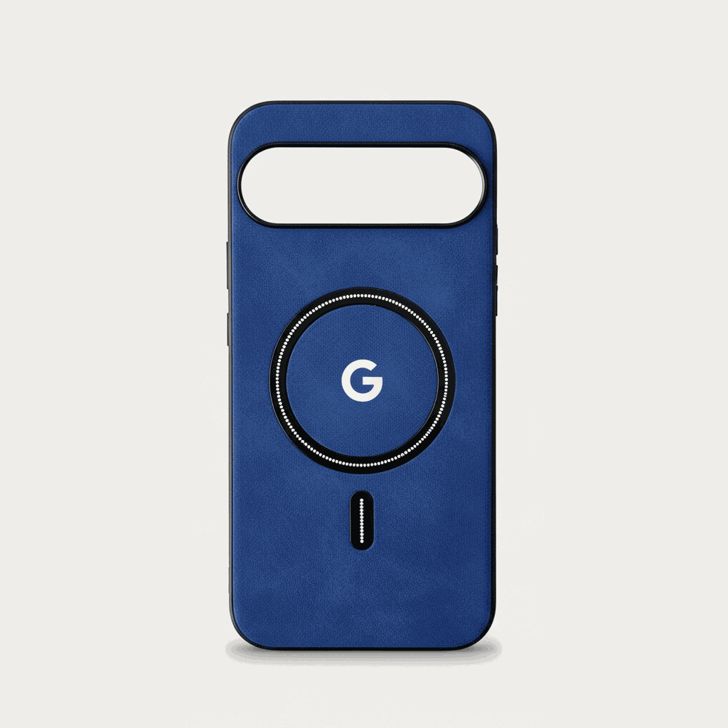 Google Pixel - Leather-Look Wallet case in textured blue with a black-edged camera cutout and circular magnetic ring