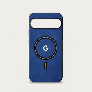 Google Pixel - Leather-Look Wallet case in textured blue with a black-edged camera cutout and circular magnetic ring