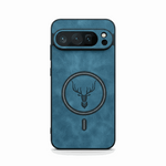 Google Pixel - Lightweight Leather-Look MagSafe Case in textured blue leather-look material with a MagSafe ring and deer emblem