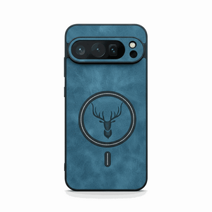 Google Pixel - Lightweight Leather-Look MagSafe Case in textured blue leather-look material with a MagSafe ring and deer emblem