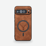Google Pixel - Lightweight Leather-Look MagSafe Case in brown textured leather-look material, with black camera trim and deer emblem