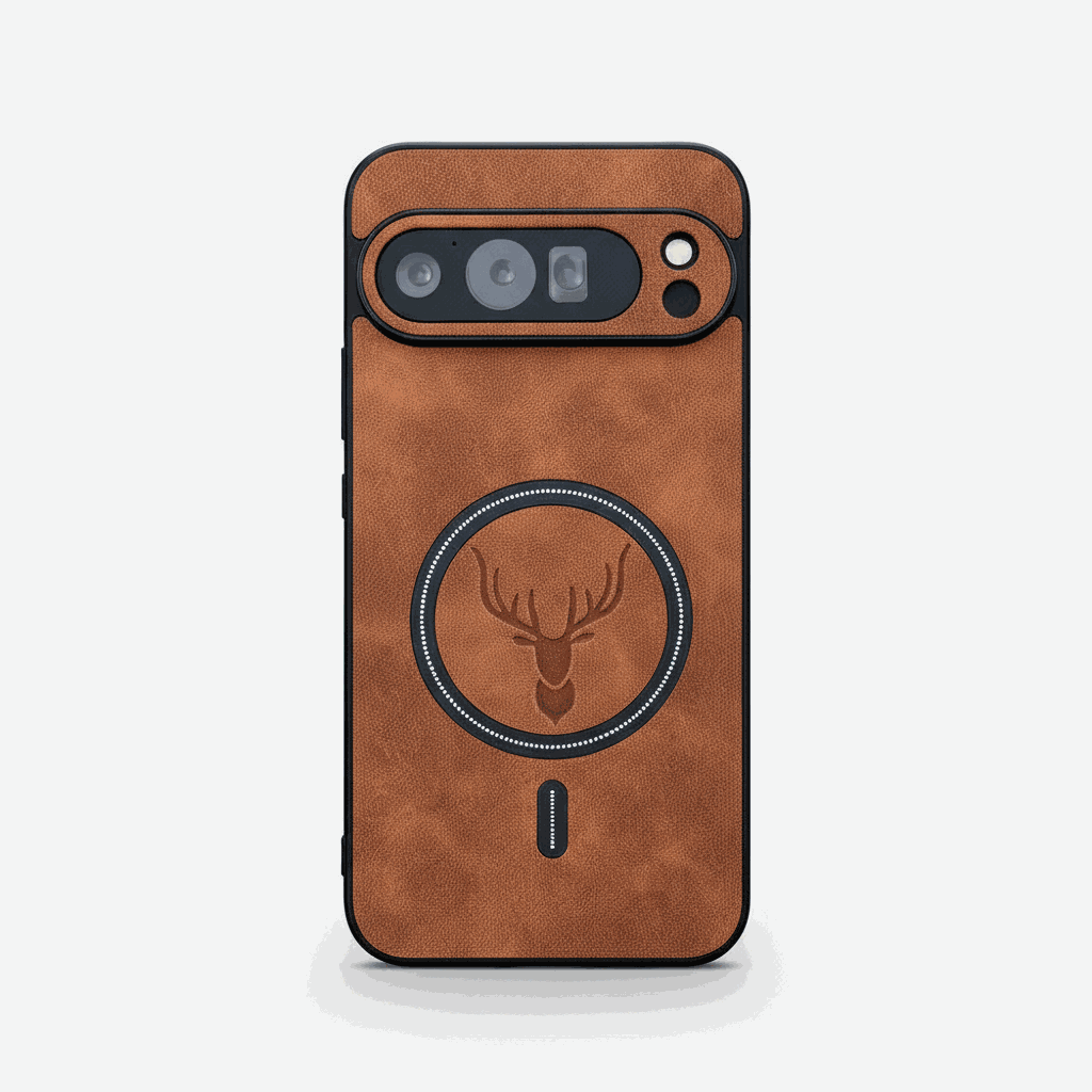 Google Pixel - Lightweight Leather-Look MagSafe Case in brown textured leather-look material, with black camera trim and deer emblem