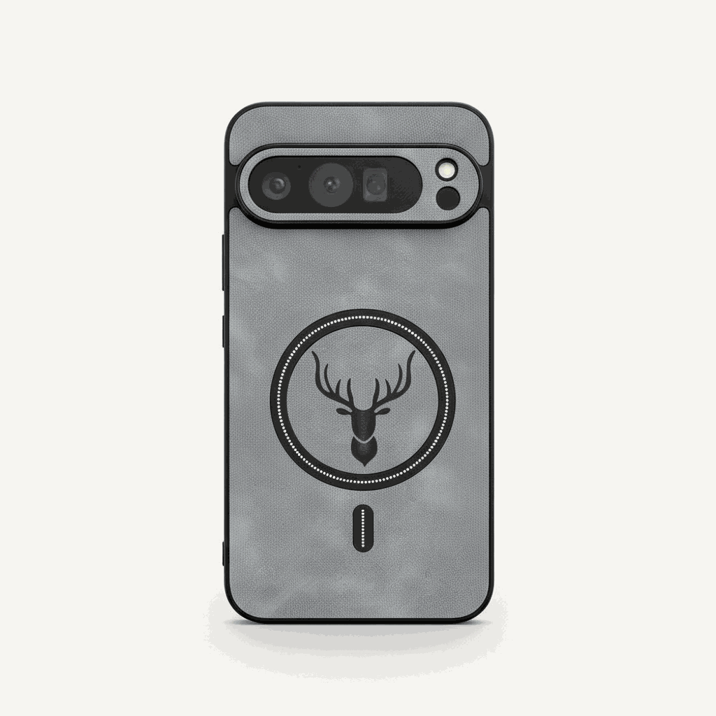 Google Pixel - Lightweight Leather-Look MagSafe Case in charcoal grey with textured finish, camera cutout and deer emblem