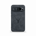 Google Pixel - Lightweight Leather-Look MagSafe Case in charcoal black with a textured leather-look back and circular magnetic ring