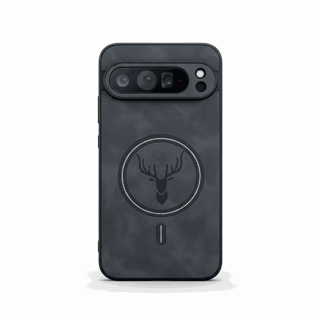 Google Pixel - Lightweight Leather-Look MagSafe Case in charcoal black with a textured leather-look back and circular magnetic ring