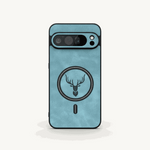 Google Pixel - Lightweight Leather-Look MagSafe Case in textured teal with black edges, camera cutout and circular deer emblem