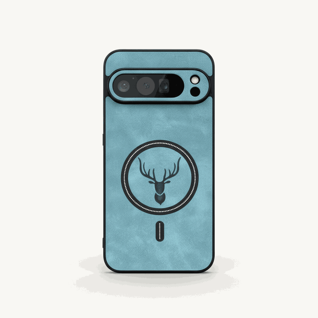Google Pixel - Lightweight Leather-Look MagSafe Case in textured teal with black edges, camera cutout and circular deer emblem