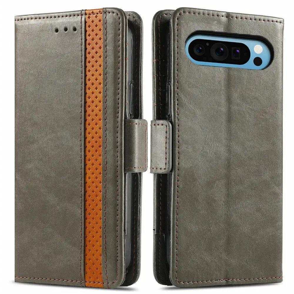 Google Pixel - Luxury Magnetic flip wallet case in grey leather-look material with a brown patterned stripe and clasp