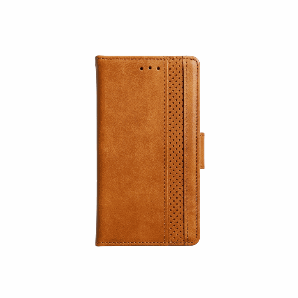 Google Pixel - Luxury Magnetic flip wallet case in tan leather-look material, with perforated trim and magnetic closure flap