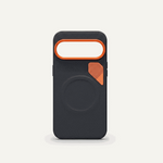Google Pixel - Magnetic Leather-Look Phone Case in black textured material, with a circular magnetic ring and orange accents.