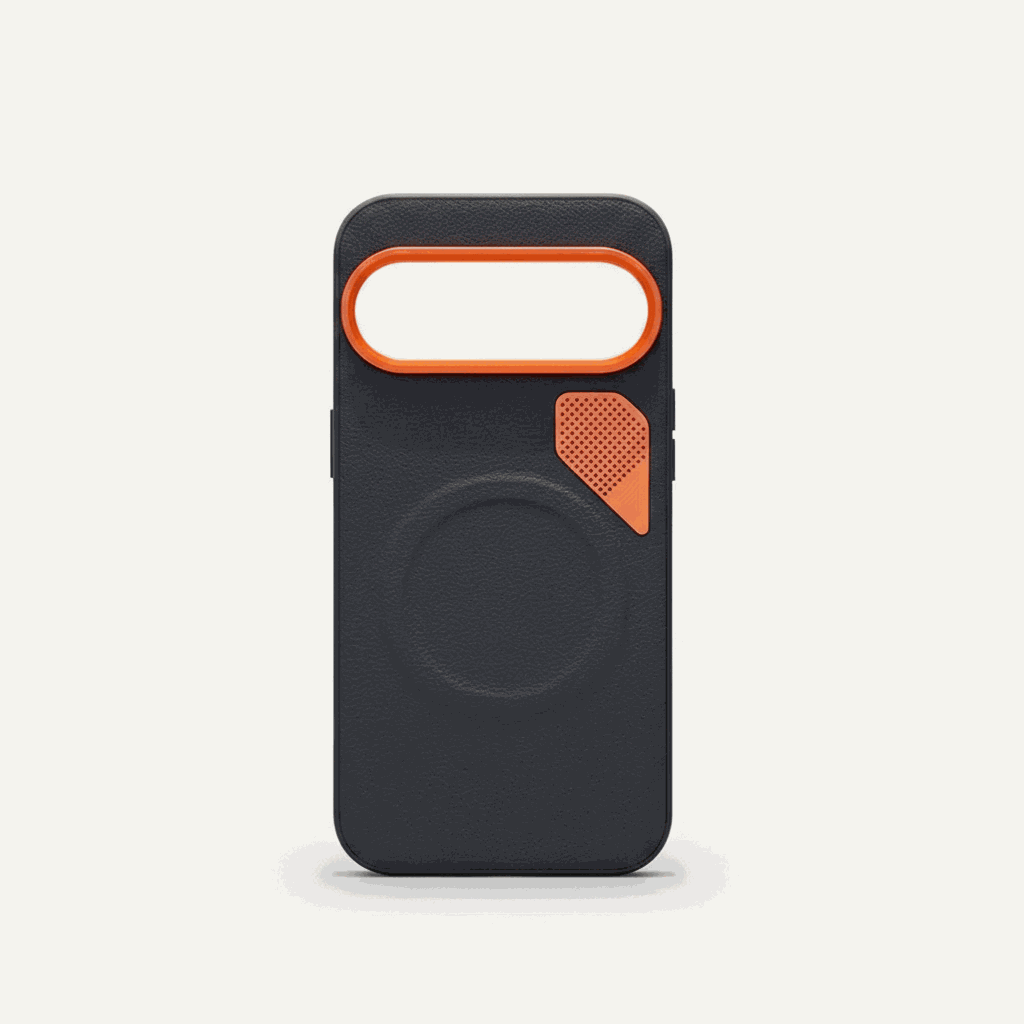 Google Pixel - Magnetic Leather-Look Phone Case in black textured material, with a circular magnetic ring and orange accents.