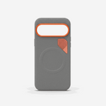 Google Pixel - Magnetic Leather-Look Phone Case in gray textured material with an orange camera rim and perforated accent