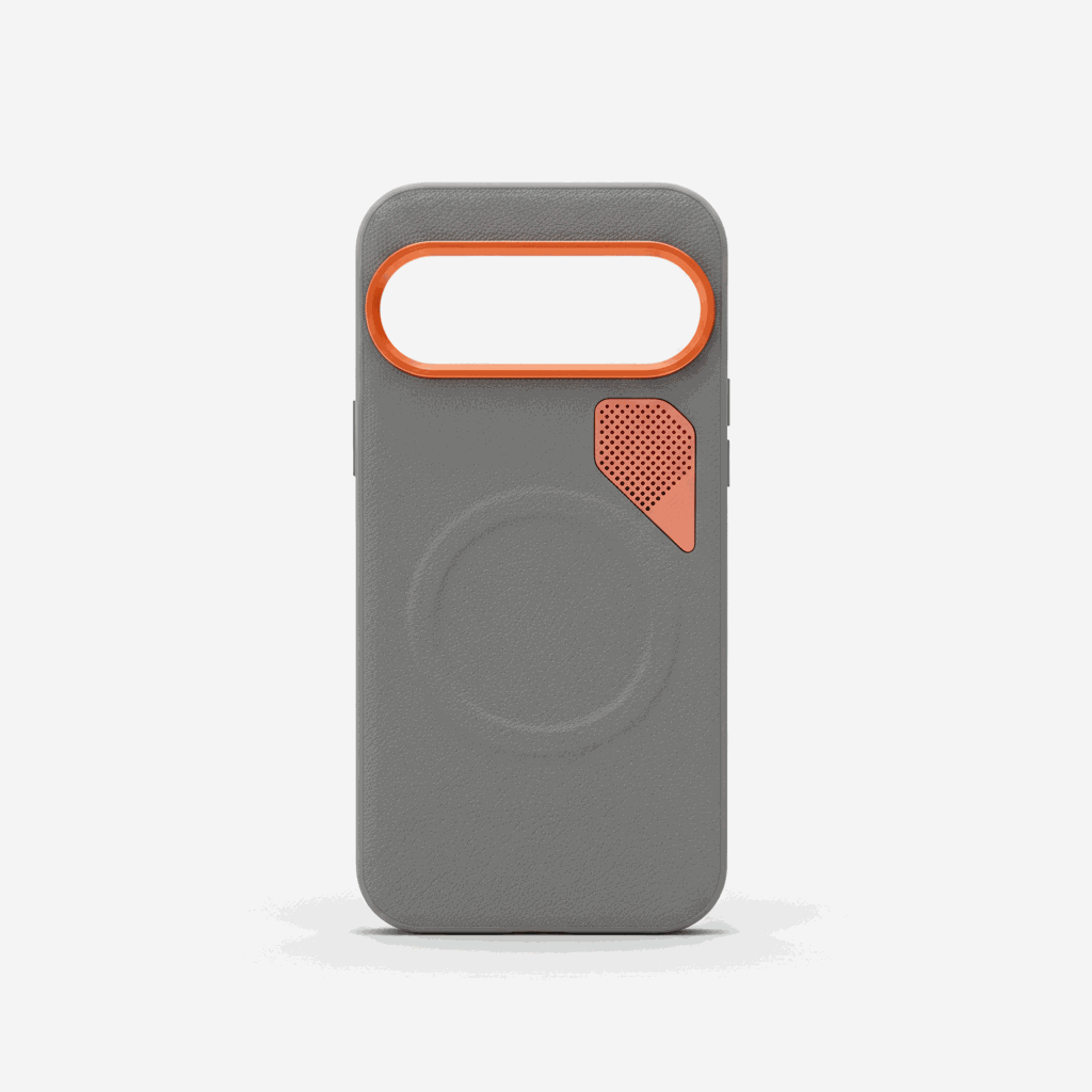 Google Pixel - Magnetic Leather-Look Phone Case in gray textured material with an orange camera rim and perforated accent