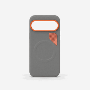 Google Pixel - Magnetic Leather-Look Phone Case in gray textured material with an orange camera rim and perforated accent