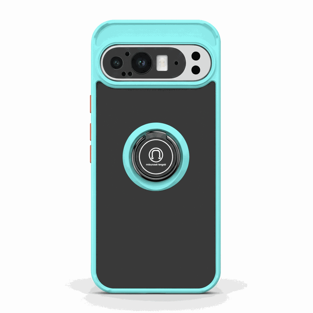 Google Pixel - Magnetic Ring Stand Matte Phone Case in black with a turquoise bumper and circular ring stand