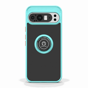 Google Pixel - Magnetic Ring Stand Matte Phone Case in black with a turquoise bumper and circular ring stand
