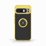 Google Pixel - Magnetic Ring Stand Matte Phone Case in black with a bright yellow bumper and matching circular ring stand