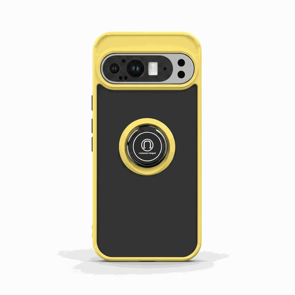 Google Pixel - Magnetic Ring Stand Matte Phone Case in black with a bright yellow bumper and matching circular ring stand