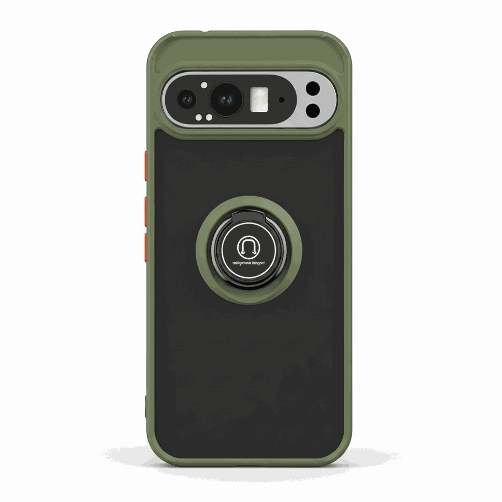 Google Pixel - Magnetic Ring Stand Matte Phone Case in olive green and black with a raised camera surround and central ring stand