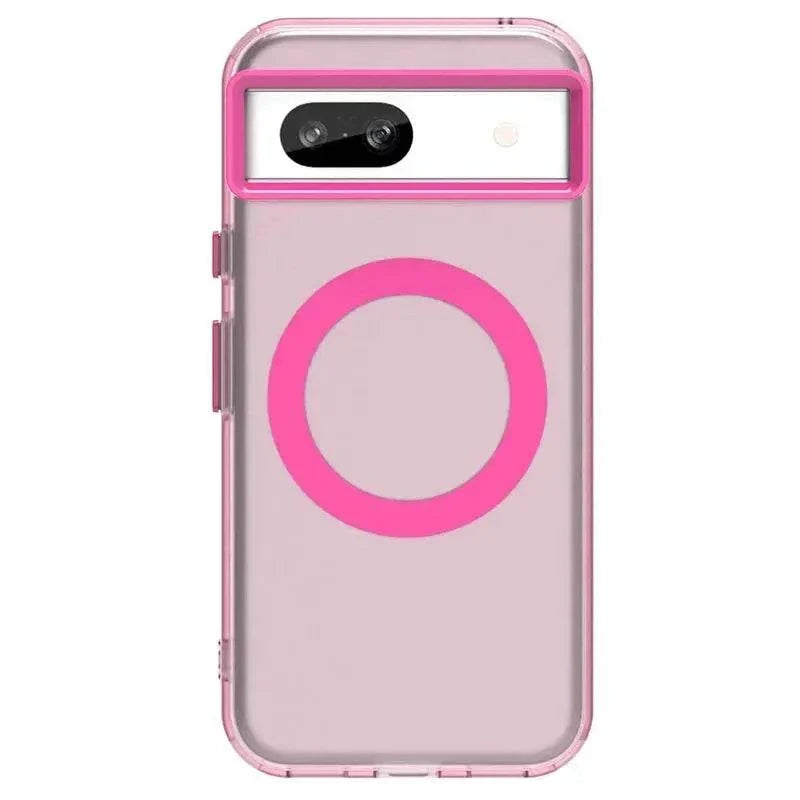 Google Pixel - MagSafe phone case in clear pale pink with bright pink magnetic ring and raised camera bar trim