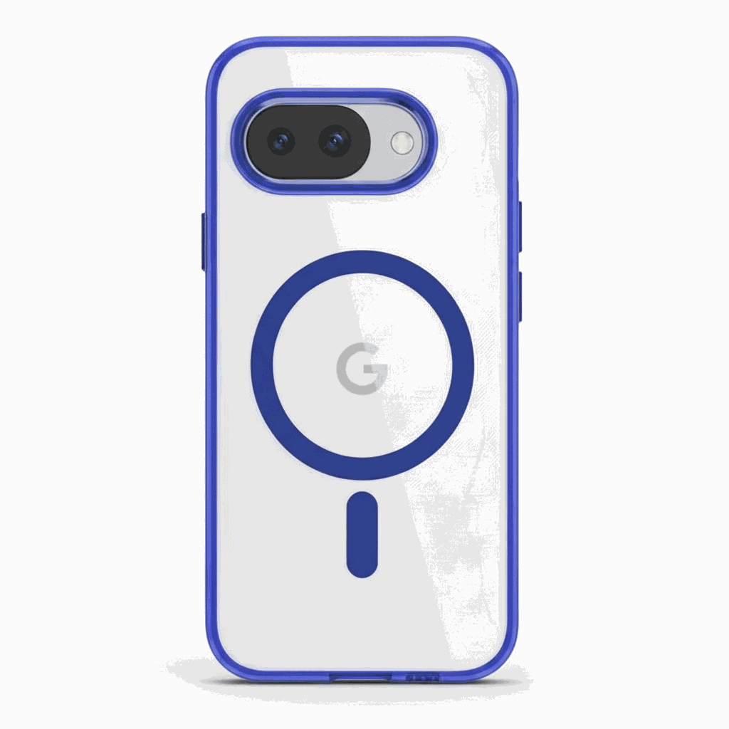 Google Pixel - MagSafe Hybrid Phone Case with a clear back, blue edges and blue magnetic charging ring