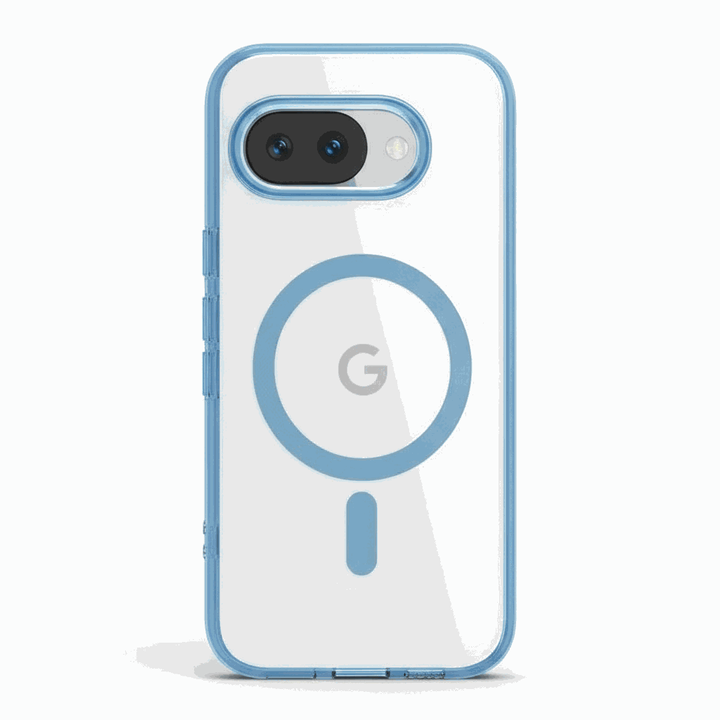 Google Pixel - MagSafe Hybrid Phone Case in clear hybrid material with blue edges and magnetic ring, camera cutout