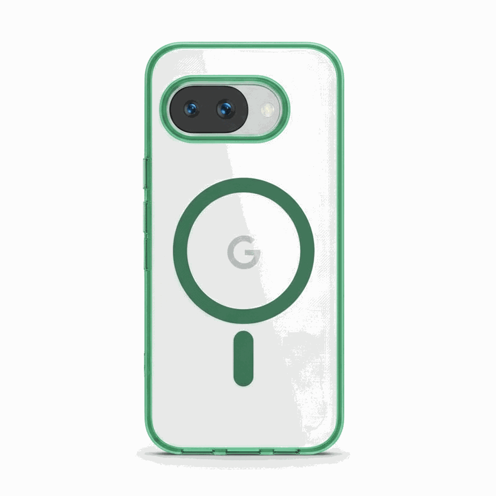 Google Pixel - MagSafe Hybrid Phone Case in clear transparent material with green edging and matching magnetic ring