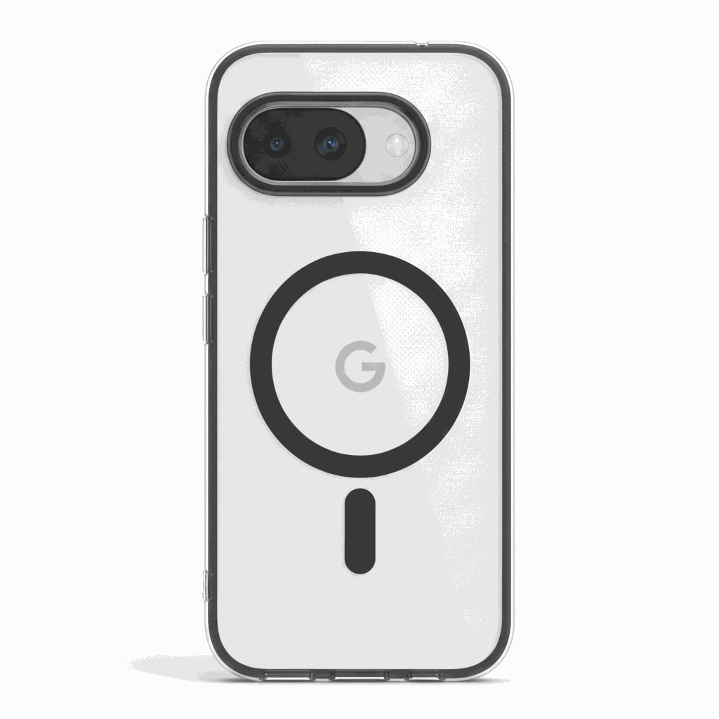 Google Pixel - MagSafe Hybrid Phone Case with a clear, smooth back, dark protective edges and a black magnetic ring