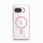 Google Pixel - MagSafe Hybrid Phone Case in clear hard material with pink accents, magnetic ring and camera opening