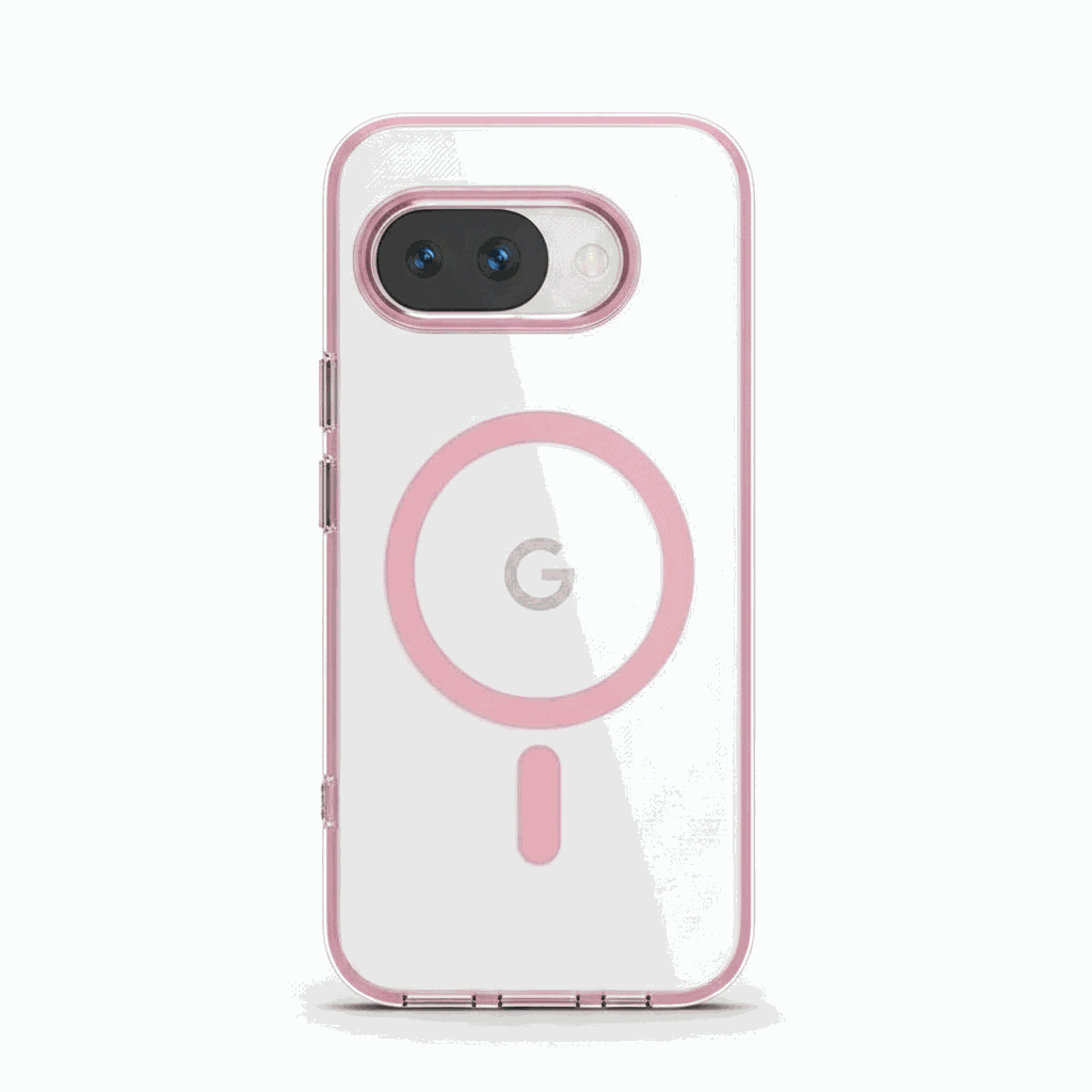 Google Pixel - MagSafe Hybrid Phone Case in clear hard material with pink accents, magnetic ring and camera opening