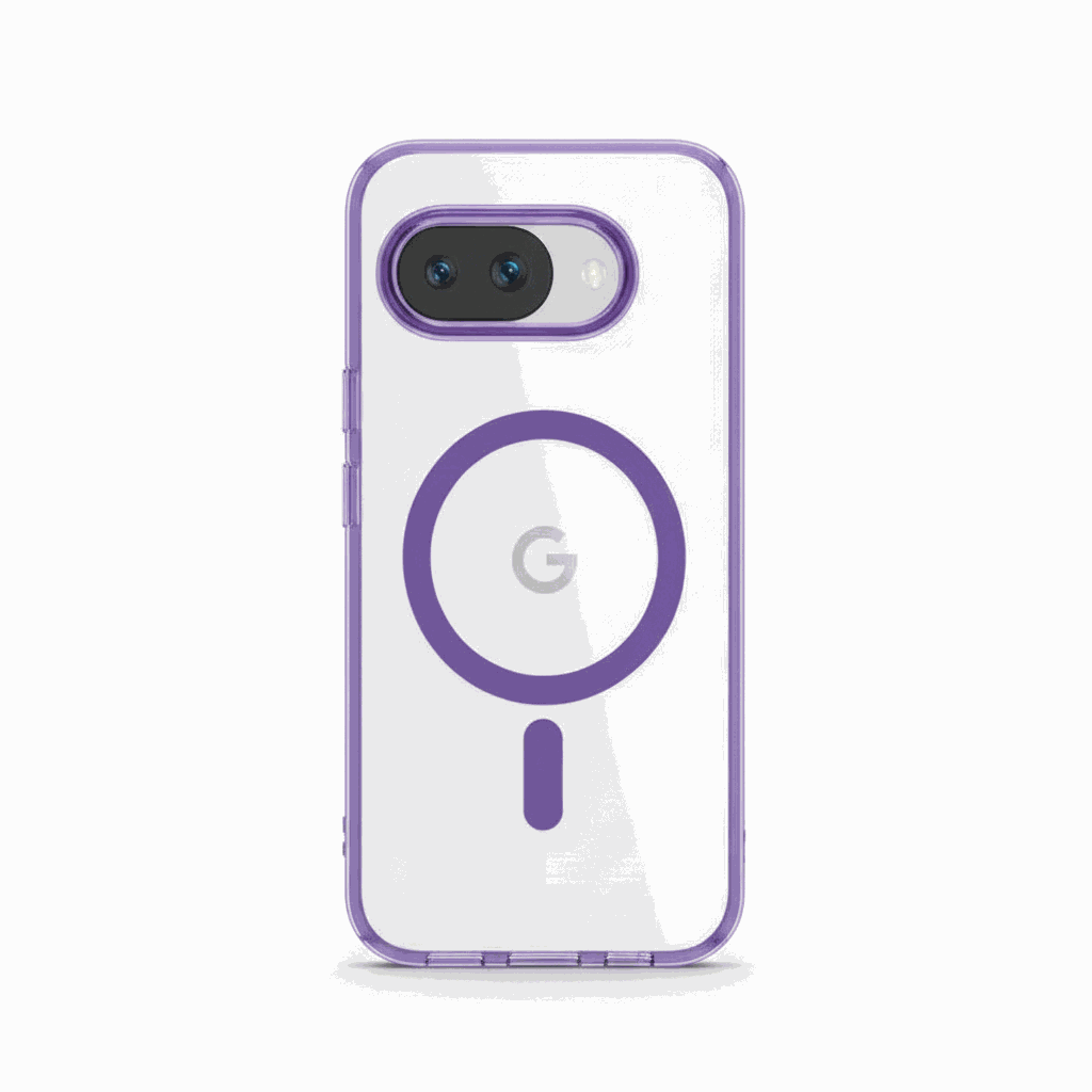 Google Pixel - MagSafe Hybrid Phone Case in clear material with purple edges, camera rim and magnetic ring