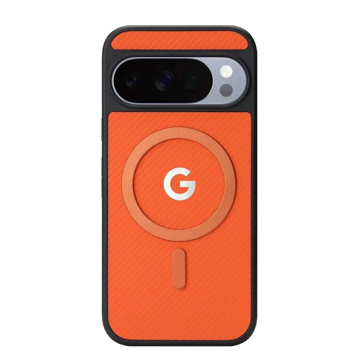 Google Pixel - MagSafe Leather-Look Case in bright orange textured finish, with black edges and a circular magnetic ring.