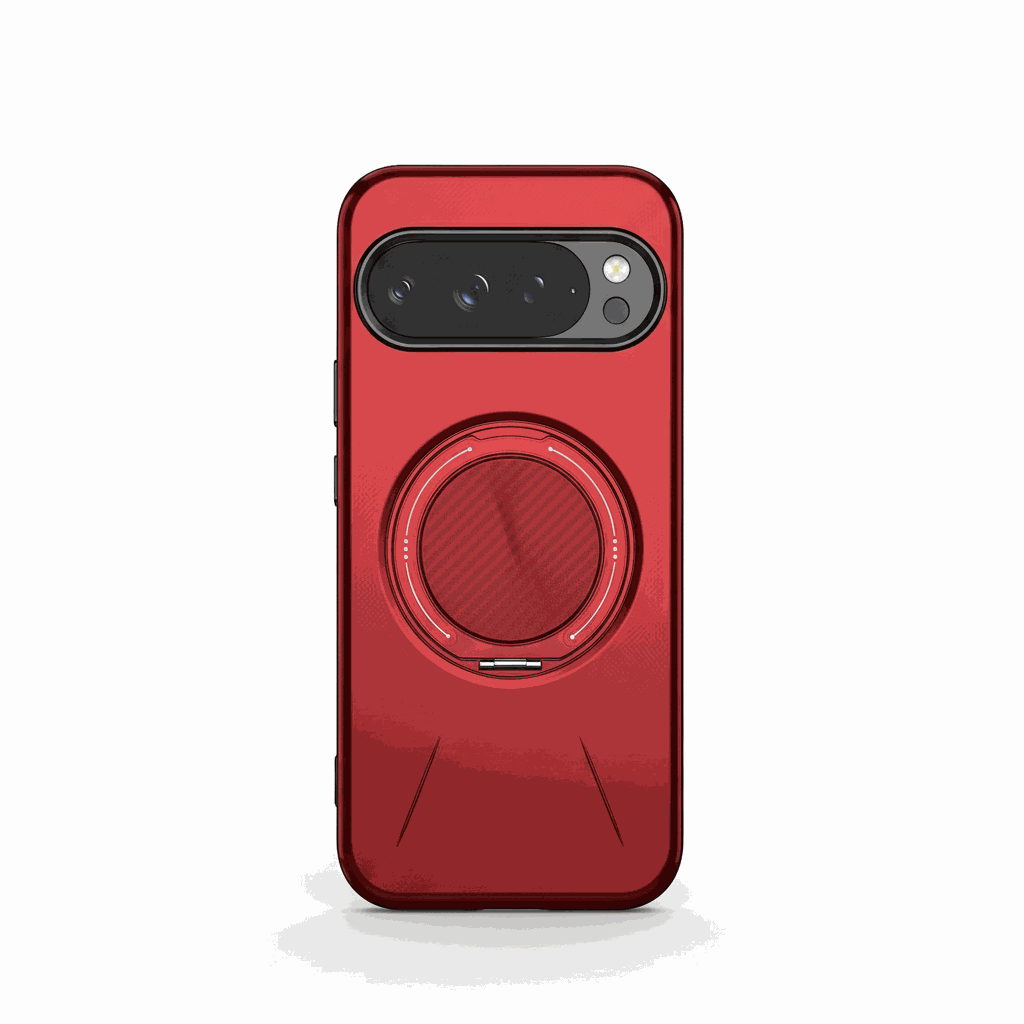 Phone case in glossy red with a black camera cutout and a built-in circular rotating ring bracket, Google Pixel - MagSafe Magnetic Ring