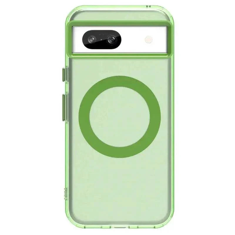 Google Pixel - MagSafe phone case in translucent pale green with a darker green magnetic ring and raised camera-bar edges