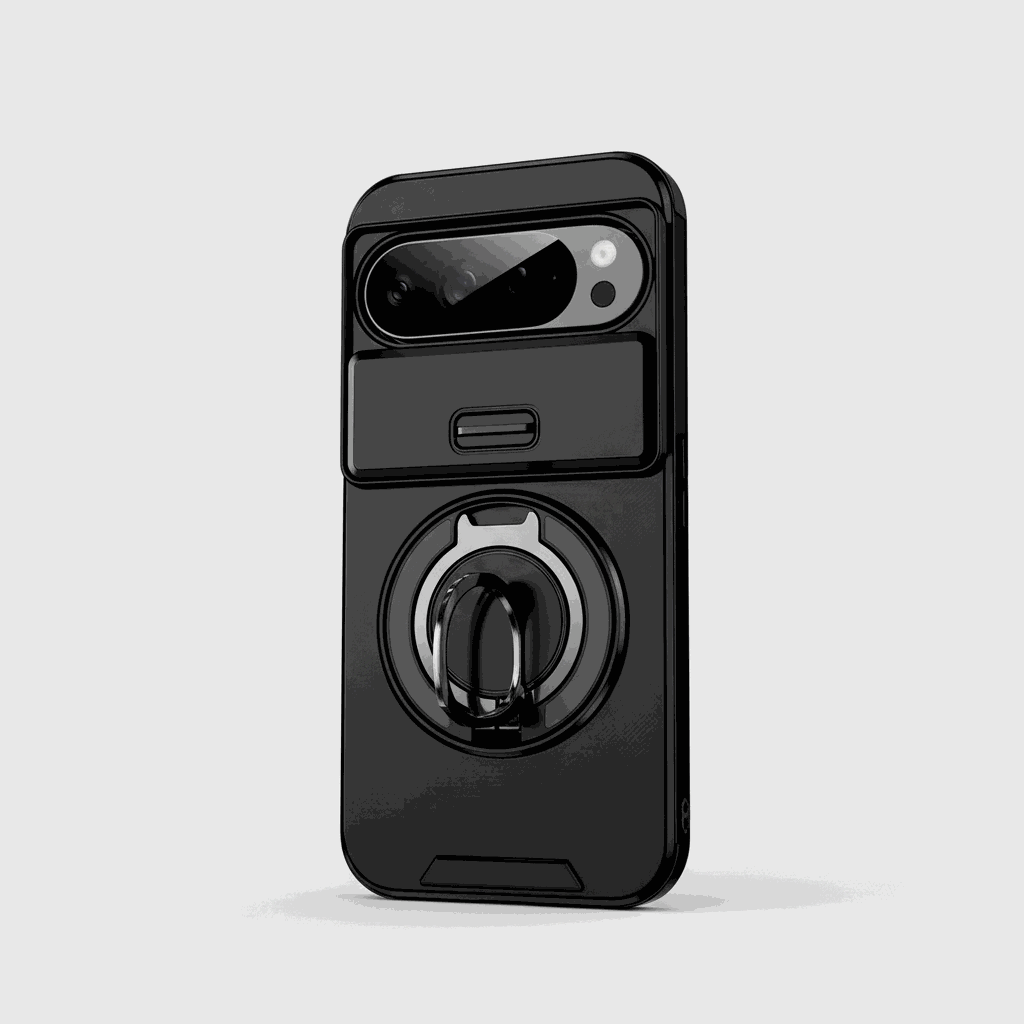 Google Pixel - Matte Finish phone case in black with a smooth shell, raised camera protection, and circular rotating ring holder