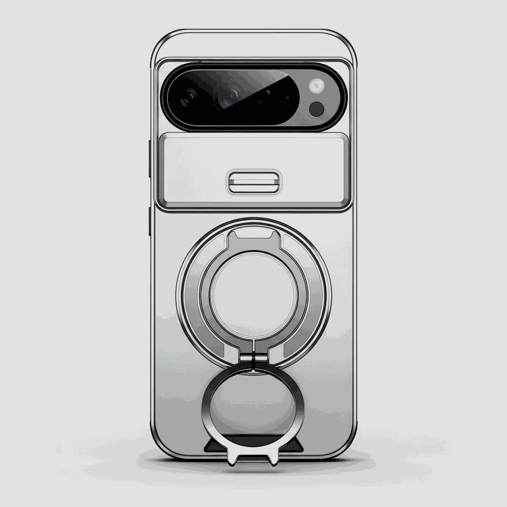 Google Pixel - Matte Finish case in light silver with a smooth surface, raised camera surround and circular ring holder