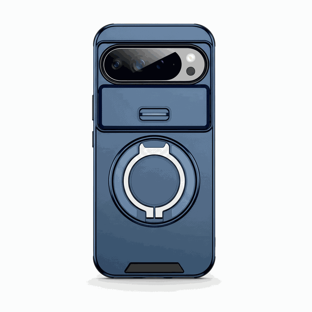 Google Pixel - Matte Finish phone case in navy blue with a smooth shell, raised camera surround, and circular ring holder