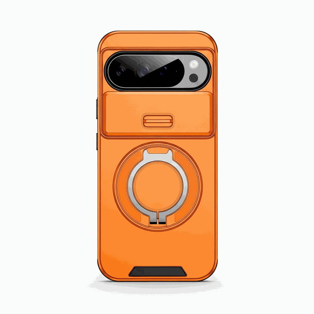 Google Pixel - Matte Finish phone case in bright orange with a raised camera cover and circular ring holder