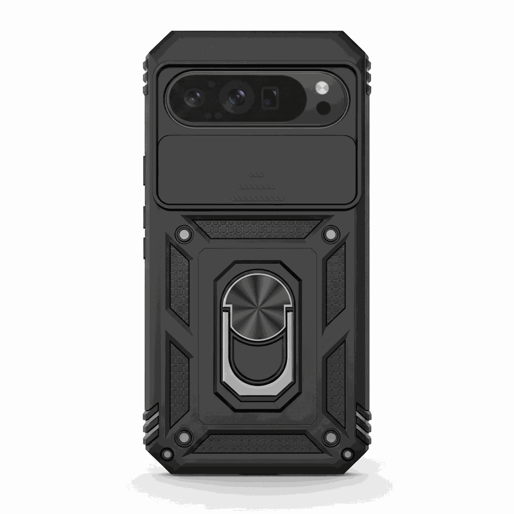 Google Pixel - Matte Magnetic Ring Holder Phone Case in black with a rugged geometric texture and integrated ring holder