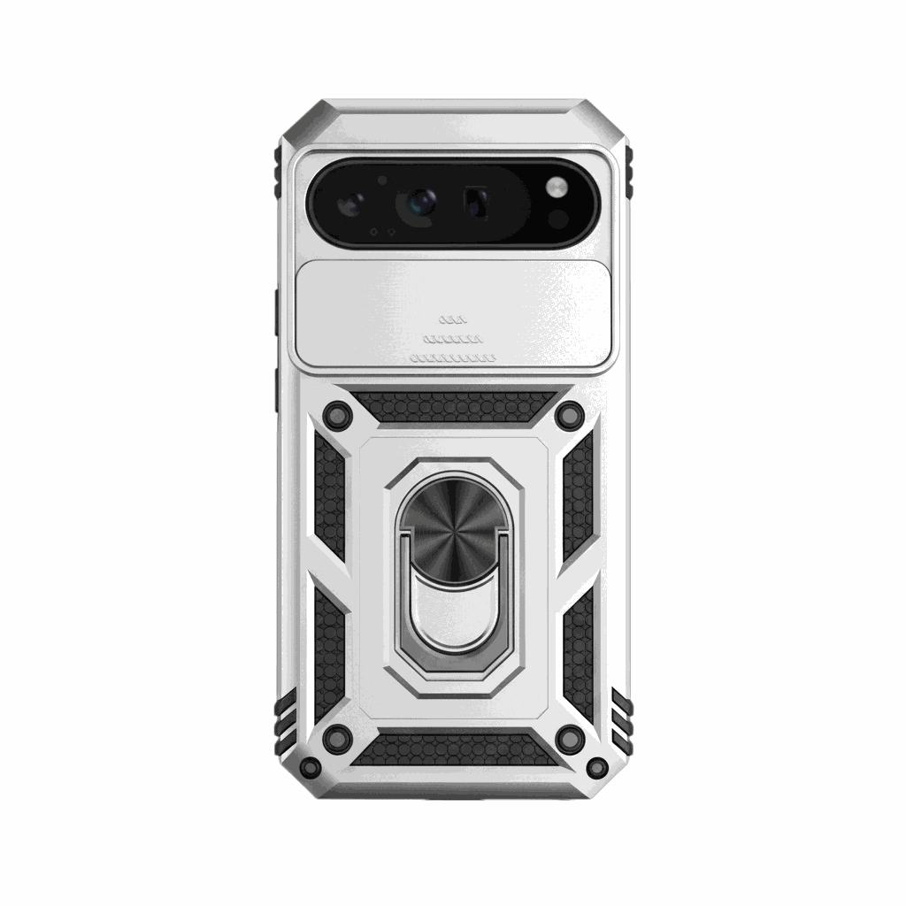 Google Pixel - Matte Magnetic Ring Holder Phone Case in silver and black with a rugged geometric shell and integrated metal ring