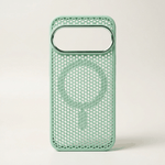 Google Pixel phone case in mint green with a perforated mesh pattern, magnetic ring and raised oval camera opening