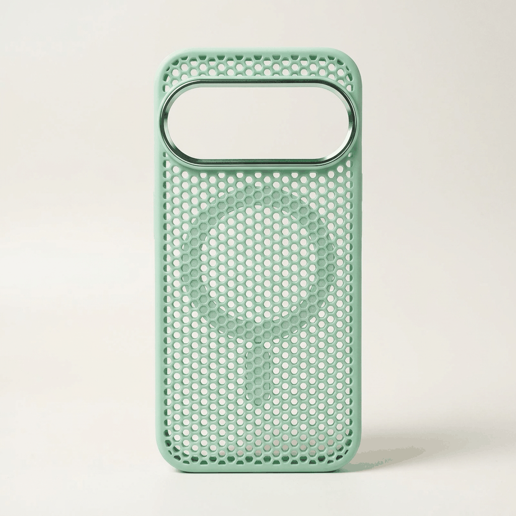 Google Pixel phone case in mint green with a perforated mesh pattern, magnetic ring and raised oval camera opening