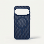 Google Pixel phone case in dark navy textured mesh with a perforated honeycomb pattern and raised camera cutout