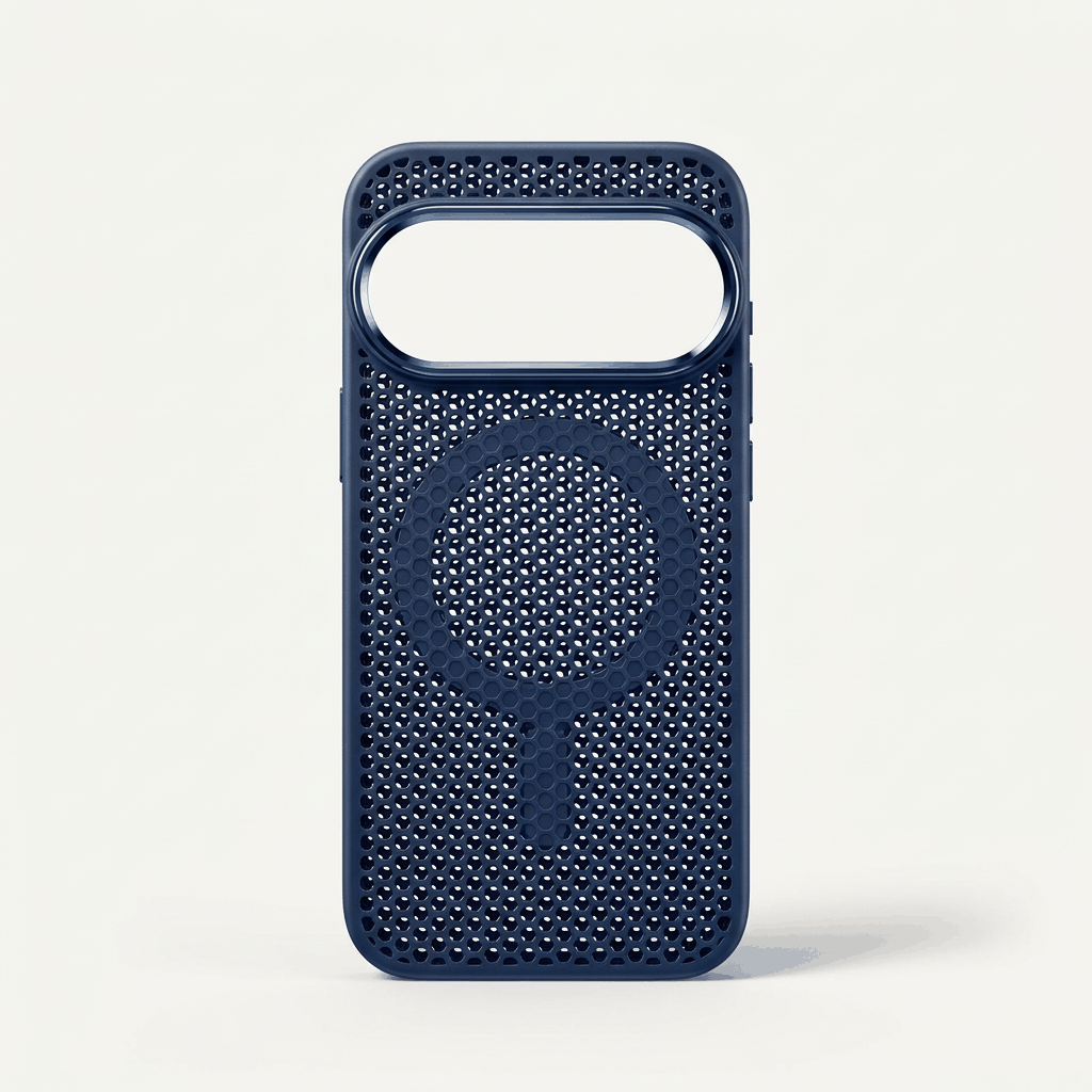 Google Pixel phone case in dark navy textured mesh with a perforated honeycomb pattern and raised camera cutout