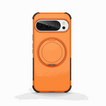 Google Pixel phone case in bright orange with a textured finish, black reinforced corners and a circular rotating ring stand