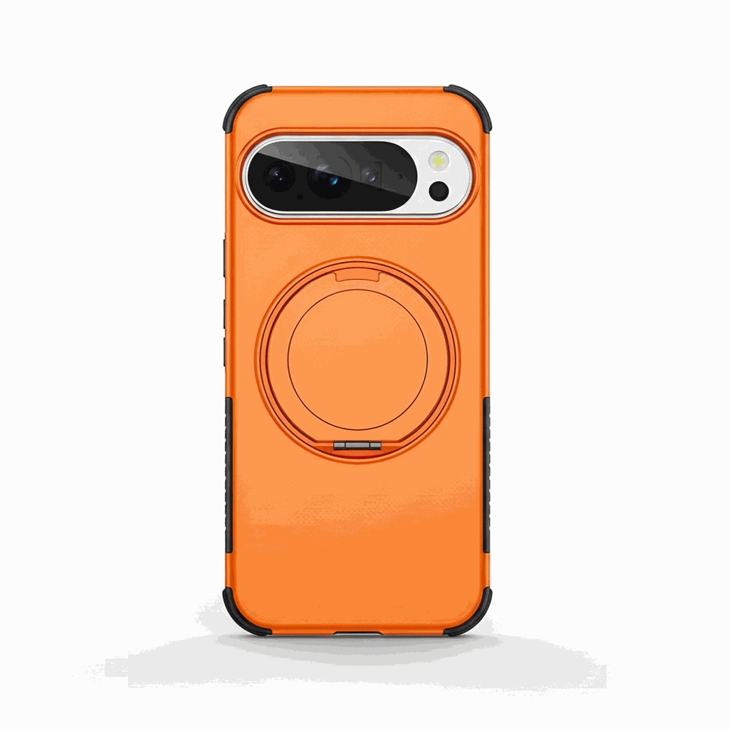Google Pixel phone case in bright orange with a textured finish, black reinforced corners and a circular rotating ring stand